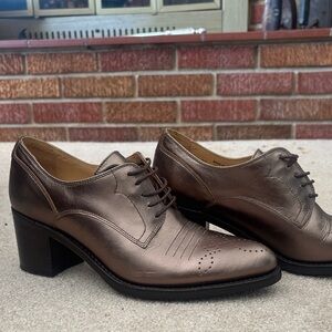 Metallic bronze heeled oxfords